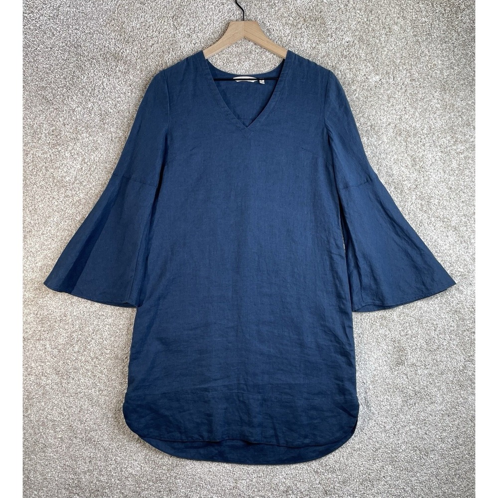 Soft Surroundings Dress Women's XS Navy‎ Blue 100% Linen Bell Sleeve Knee Length